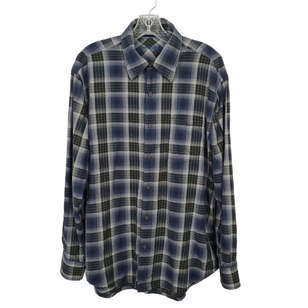 Tommy Bahama Mens Size L Shirt Button Up Wool Silk Cotton Plaid Long Sleeve Blue